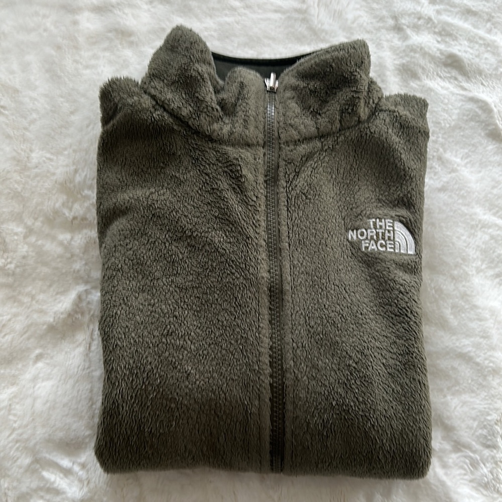 North Face , ladies size small, fleece zip up jacket, olive green, super cozy